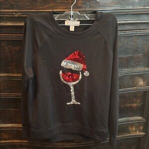 Philosophy Black Sweatshirt with Sequin Santa Hat and Wine Glass